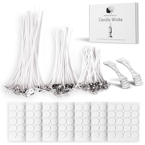 Mindful Memories Candle Wicks 90 Pcs (10cm, 15cm, 20cm) with 2 Candle Wick Holders & 90 Glue Stickers, Long Lasting Pre-Waxed & Tabbed Cotton Threads with No Black Smoke for DIY Crafts