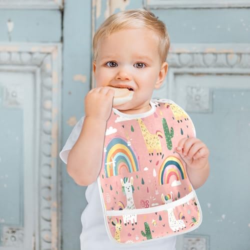 MCHIVER Pink Alpaca Rainbow Baby Bibs for tag1 Waterproof Feeding Bib Apron with Food Cather Adjustable Cotton Food Eating Bib 2 Pack4