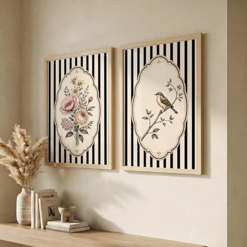 Image of NoWorries Vintage Floral & Bird Wall Art Set of 2 Framed Prints for Living Room Bedroom Office | Black Stripe Botanical Wall Decor with Wooden Frame (Art-9, 17x25inch)