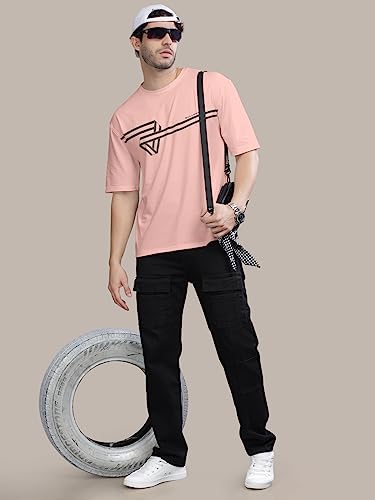 Image of BULLMER Peach Trendy Front Printed oversized Round Neck T-shirt for men