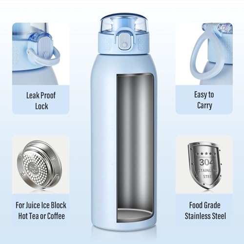 Image of Insulated Water Bottle 24 oz with Dustproof Lid, Carry Handle & Tea Infuser, BPA-Free & Leakproof, Stainless Steel Water Bottles Ideal for Fitness, Hiking, Office & Outdoor Use (Light Blue)