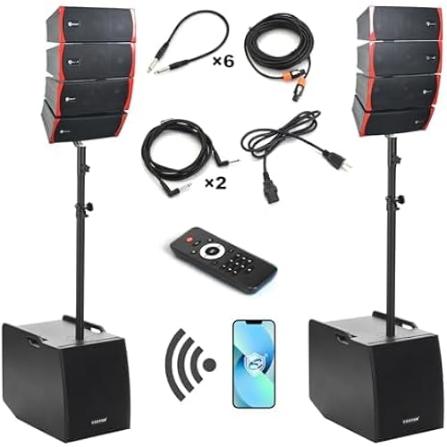 EXOTON LVP-212 12-inch Active Line Array System,3000w Professional Bluetooth PA Speaker，2 Subwoofer and 8 line Array Speakers,USB/SD Card,Remote Control,5-Band EQ(Wood Subwoofer)