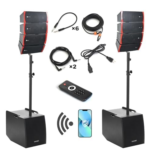 EXOTON LVP-212 12-inch Active Line Array System,3000w Professional Bluetooth PA Speaker，2 Subwoofer and 8 line Array Speakers,USB/SD Card,Remote Control,5-Band EQ(Wood Subwoofer)