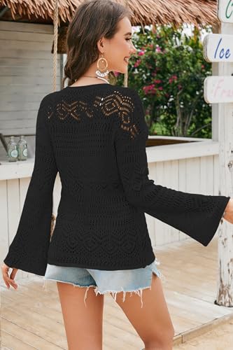 Womens Crochet Off The Shoulder Tops Bell Sleeve Summer Sweaters Boho Top Lightweight Knit Beach Cover Up4