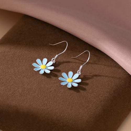 SLUYNZ 925 Sterling Silver Daisy Flower Dangle Earrings for Women Teens Girls Blue Flower Drop Earrings Summer Spring Earrings4