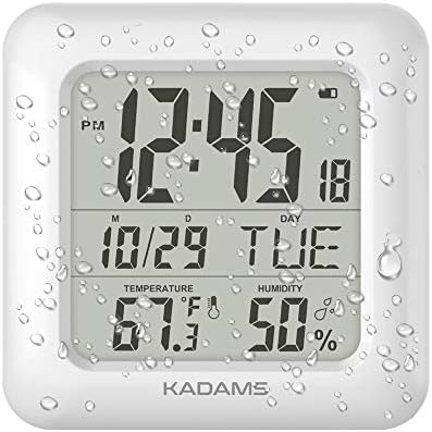 KADAMS Bathroom Digital Clock with Large LCD Screen - Shower Wall Clock with Timer - Water Resistant - Temperature & Humidity Display - Calendar Display - 4 Mounting Options,White