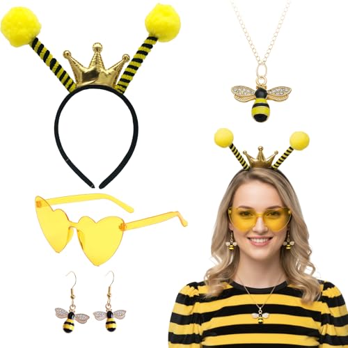 Bienen Kostüm Damen Set - Bienenkostüm Erwachsene Zubehör mit Haarreif Krone, Herz-Brille, Ohrringe & Halskette - Biene Maja Kostüm Erwachsene...