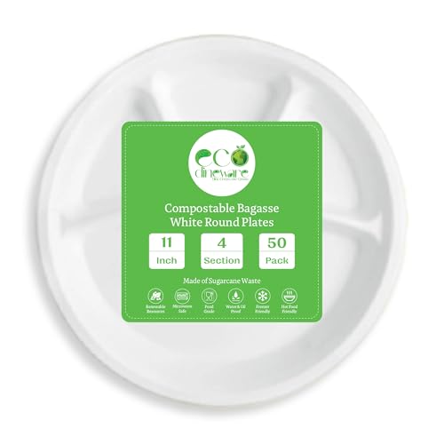 Image of Eco Dineware 11 Inch 4 Compartment 50 Pack Round Biodegradable Bagasse Plates Compostable Disposable Food Plates Dinnerware Recyclable Multiperpose Plate