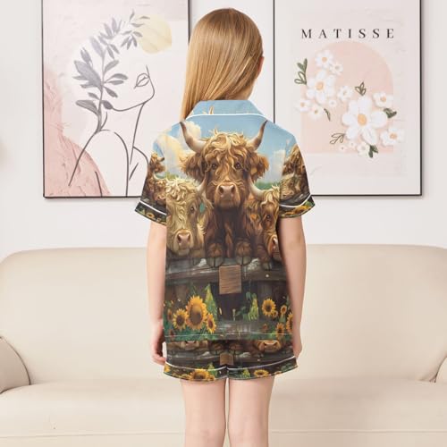 ALAZA Sunflower Highland Cattle Blossom Satin Pajamas Set Short Sleeve Button Down Sleepwear Summer Pjs 2 Piece4
