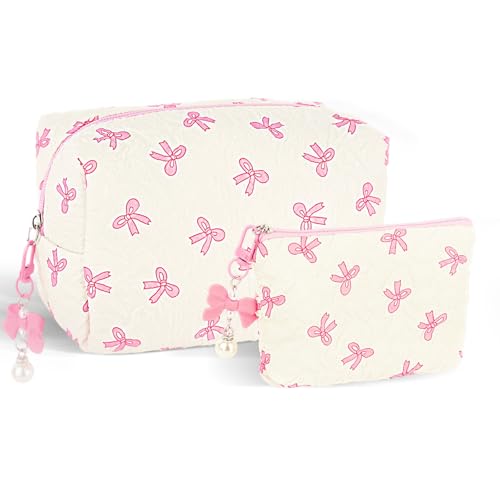 KEUKORZ 2 Stück Rosa Weiß Makeup Kosmetiktaschen, Große und Kleine Schminktasche Make Up Tasche, Reise Kulturbeutel für Frauen Mädchen Alltag und Reisen Make-up, Toilettenartikel und Aufbewahrung