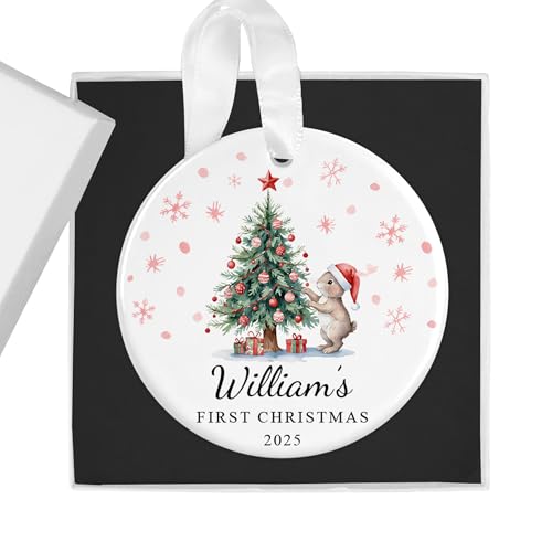 Image of Personalised Baby's First Christmas Ornament - Custom Ceramic Keepsake Bauble - Gift Box Included - Ideal for Boys & Girls (Red Rabbit Tree)