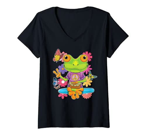 Mujer Signo de la mano de la paz Hippie Retro Trippy Rana colorida Camiseta Cuello V