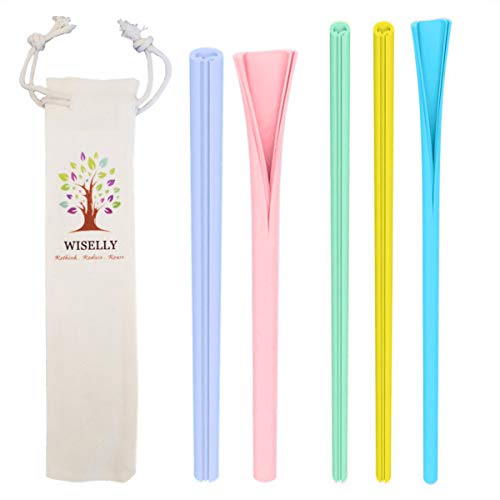 Reusable Silicone Openable Kids Travel Straws, Easy Clean & Dry, Odorless, NO BRUSH NEEDED (2 Wide Sizes) Dishwasher Safe (Assorted Snap Straws Pack: 3 Small + 2 Large + 1 Pouch) (Random Colors)