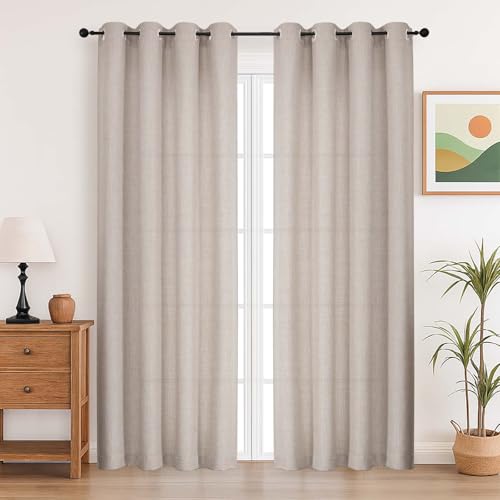 Simplebrand Linen Curtains 220CM Long 2 Panels Set, Light Filtering Faux Linen Textured Soft Airy Window Door Curtains for Living Room Bedroom, Thick Modern Privacy Eyelet Drapes, 140 Wx220 L cm, 2Pcs