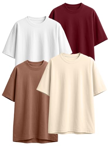 Image of JUNEBERRY 100% Pure Cotton Oversized Loose Fit Half Sleeve Drop Shoulder Solid Core Round Neck Multicolor T-Shirt Combo for Women (Pack of 4) (Colors: Black, White, Swanwhite, Brown, Lilac & Maroon)