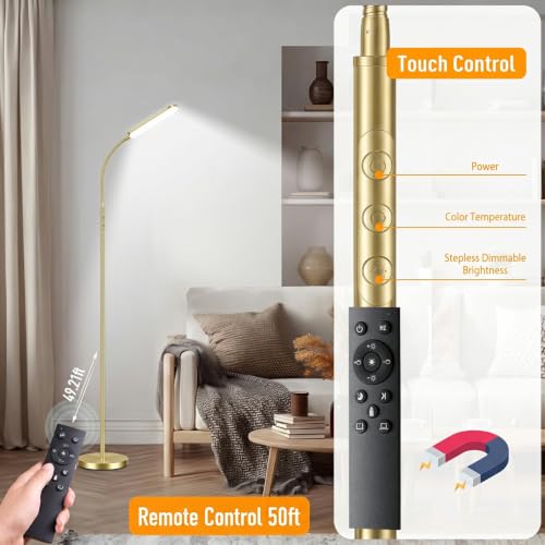 Image of marctronic Gold Polished Floor Lamp, 18W 1800LM LED, Luxury Decor Style & Stepless Dimming, Eye-Caring Timing Reading Lamp for Bedroom /Living Room