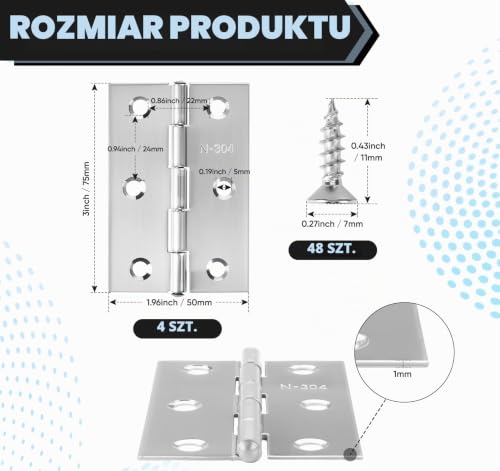 Anstore 4 szt. Zawiasy składane, 75×50×1mm składane srebrne zawiasy ze stali nierdzewnej, 270° taśma zawiasowa mała z 48 szt. śrub, zawiasy do drzwi, okien i szafek