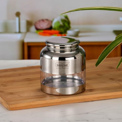 Image of Serene Stainless Steel Exotic See-Through Jar | Airtight Jars for Kitchen Storage | Premium Steel Jars with One Turn Lock Lid | Transparent Stainless Steel Containers | 650ML | 1 PC