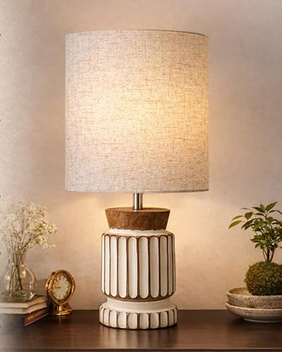 Image of Homesake Wooden Table Lamp | Handcrafted Bedside & Living Room Lamp | Bulb Included | Warm Light | Desk Nightstand Light, Decor Lamp for Bedroom, Study & Home Decor, (KD Khadi Drum)