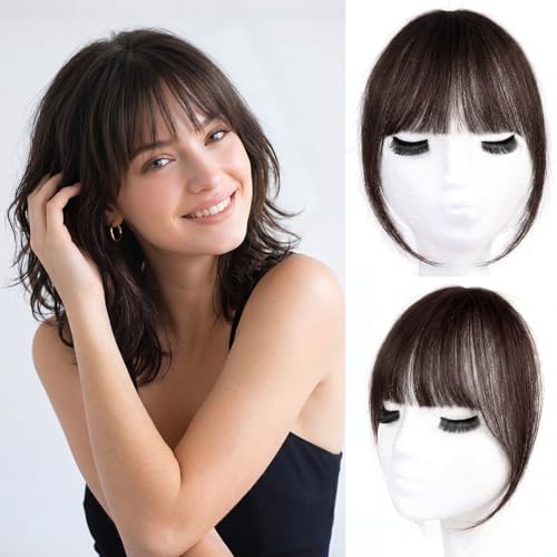 LEEONS Clip in Bangs Real Human Hair, 100% Remy Human Hair Topper for Women, Clip on Bangs Hairpiece with Temples (Wispy Bangs, Dark Brown)