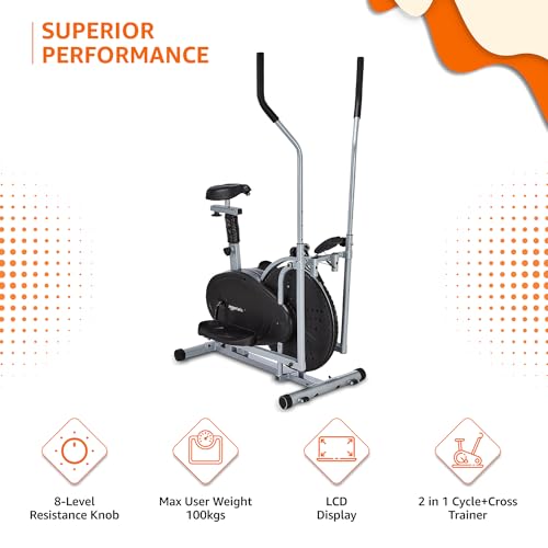 Image of AmazonBasics 2-in-1 Exercise Bike & Cross Trainer with 8 Resistance Levels, Adjustable & Cushioned Seat for Full Body Workout, Max User Weight 100 Kg