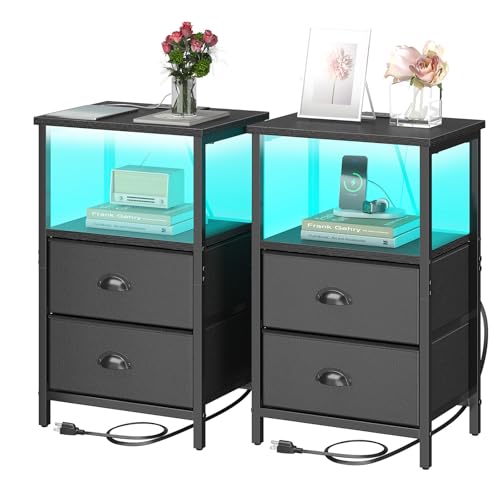 sthmec Nightstand with Charging Station, LED Night Stand Set 2, Bedside Table End Table Set of 2, Bedroom Table with 2 Fabric Drawers PU Finish, 3-Tier Storage Side Table for Bedroom,Black