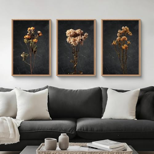 HOURIA Dark Moody Dried Floral Framed Canvas Wall Art Set,Vintage