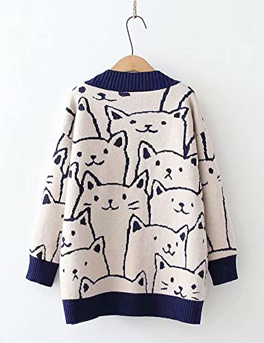 Gihuo Women Cat Cardigan Sweater Knit Cute Cartoon Oversized V Neck Long Sleeve Cardigan(Navy-M) #TOP1