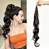 Chicmoi Dark Brown Ponytail Extainson 32 Inch Flexible Wrap Around Ponytail Hair Extension Color 4 Long Wavy Pony Tails hair Extension 4# Synthetic Hairpieces For Women and Girls