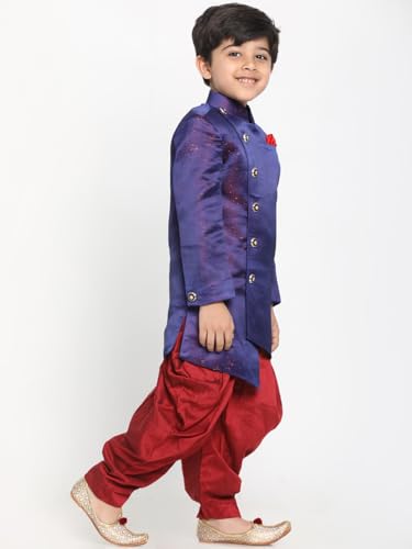 Image of JBN Creation boys JBN Creation Boys' Blue And Maroon Silk Blend Indowestern Sherwani And Dhoti Set