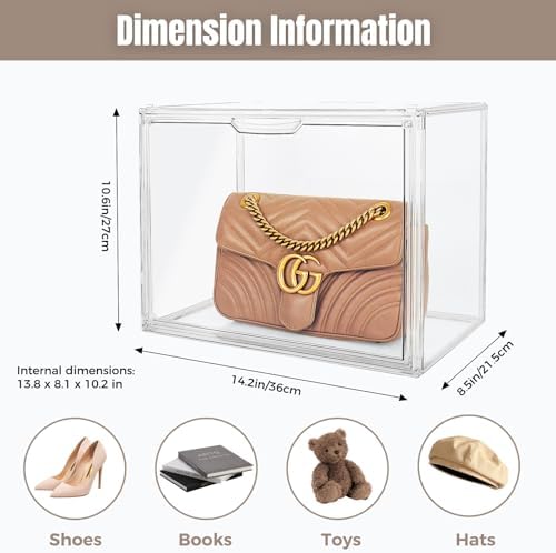 15Pack Purse Organizer for Closet Clear Acrylic Display Case Handbag Storage Organizer Box with Magnetic Door Stackable Storage Bins with Dustproof Lid for Book Toys Shoes Cosmetic Collectibles