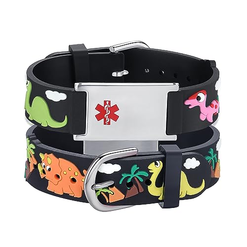 Image of LinnaLove Medical Alert ID Bracelet - Custom or Pre-Engraved, QR Code Available,Blue Dinosaur Band