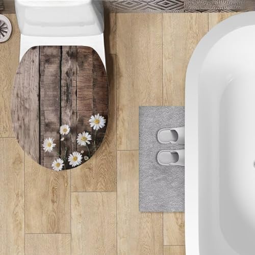 Luarisgur Daisy Toilet Seat Covers for Bathroom Decoration Wood Print Toilet Bolt Covers Decorative Round Elongated Toilet Lid Covers Washable Toilet Lid Seat Protector Cover with Elastic Bottom