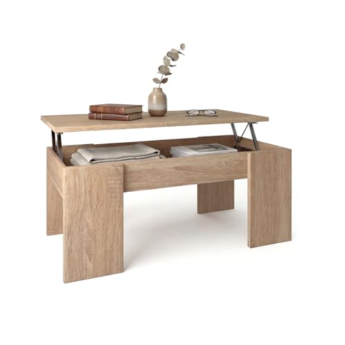 duehome | Mesa de Centro Elevable, Mesita de Salón o Comedor, Modelo Vita, Acabado en Color Roble Canadian, Medidas: 100 cm (Largo) x 50 cm (Ancho) x 45-56 cm (Alto)