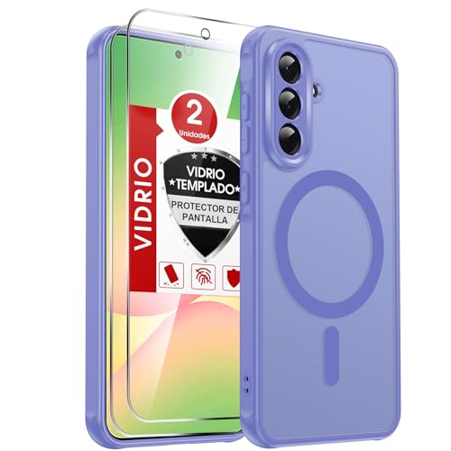 LeYi Funda para Samsung Galaxy A56/A 56 5G Compatible con MagSafe Magnética, con 2× Cristal Templado, Carcasa Translúcido Esmerilado Grado Militar Antigolpes Case, Azul Cielo