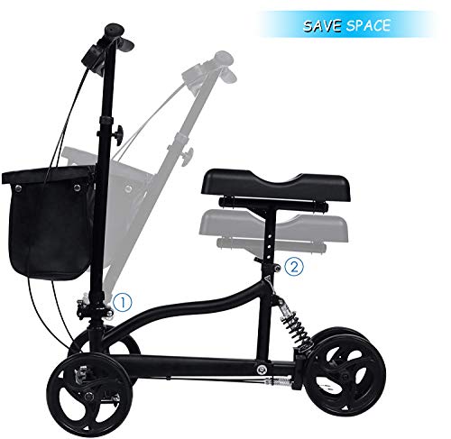 windaze Steerable Knee Scooter Walker Foldable with Dual Brake Alternative to Crutch Basket Drive Cart Medical Leg Supporter, Black - Thumbnail 5