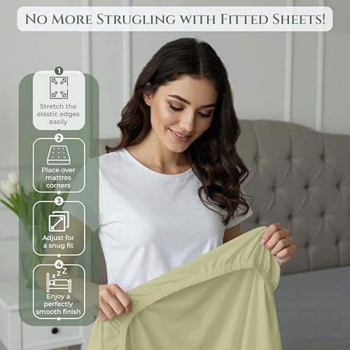Image of Royale Linens 100% Organic Cotton Full Fitted Sheet Only - Percale Weave - Super Soft Deep Pocket Bottom Sheets - Sage Green Elastic Sheet - Full Size Fitted Sheets Only - (54 inchx75 inch+15 inch, Sage Green)