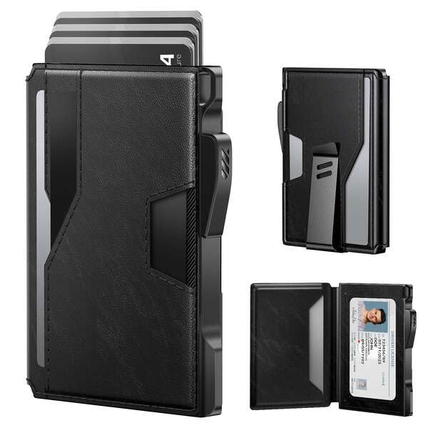 typecase Wallet for Men: Rfid-blocking with Money Clip Slim Leather Bifold ID Window Smart Pop Up Card Case Front Pocket Wallet with Gift Box, Black, Ultra-thin, Standard Wallet