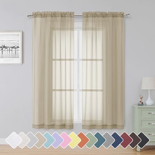 Simplebrand Taupe Sheer Curtains 63 Inch Length 2 Panels, Rod