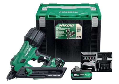 HiKOKI NR1838DKAJXZ 18V Brushless Metal Connector Nailer for Twisted Nails up to 38 mm with 2 x BSL36A18X 2.5/5.0Ah MV Batteries and Charger
