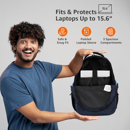 Image of Amazon Basics Casual 29L Backpack with Padded Laptop Sleeve | Backpack for Men & Women | Rain Cover Included | 3 Compartments | Travel Bag for Girls & Boys | (Blue)