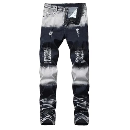 Hndudnff Men's Zippered Ripped Jeans Slim Fit Casual High Street Motorcycle Straight Denim Pants