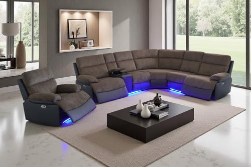 Image of Power Recliner Sectional Sofa Set with LED Lights, L Shaped Reclining Sectional Couch and Chair, Breathing Leather & Corduroy Sofa Set with Coffee Table /USB Port for Living Room