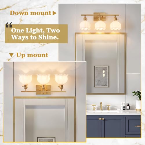 Image of 3-Light Vintage Bathroom Vanity Light, 19.4 inch Brass Hardwired Wall Sconce with Amber Tulip Glass Shades, Brushed Gold Vanity Light for Mirror, Restroom, Bedroom (White, 3-Light)