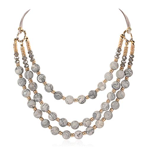 RIAH FASHION Bohemian Genuine Natural Stone Bead Strand Statement Necklace - Multi Layer Drape Chunky Bib Collar (3 Strands - Crazy Jasper Black)