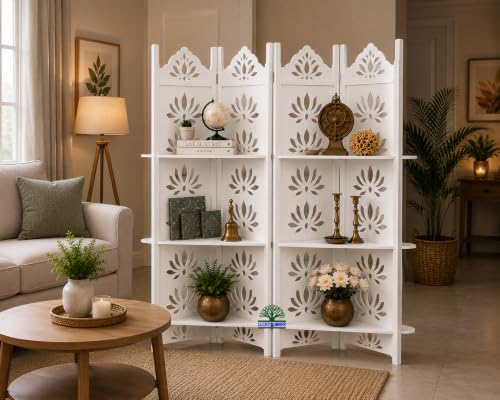 Image of Wooden Room Divider Partition with Display Shelves for Living Room | Foldable 4 Panel Decorative Privacy Screen Separator for Home, Office & Bedroom | (White with Shelves)