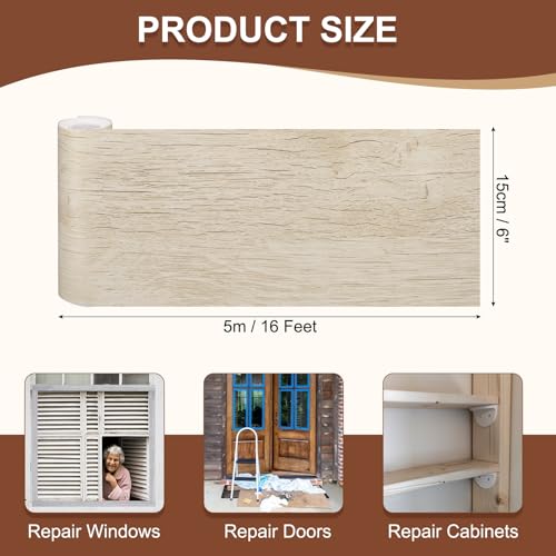 Image of MECCANIXITY Wood Grain Repair Tape, 6 Inch x 16 Feet Self Adhesive Wood Grain Tape Multi-Purpose Wallpaper Border Trim for Furniture Floors Windows Doors Tables Home, Cream