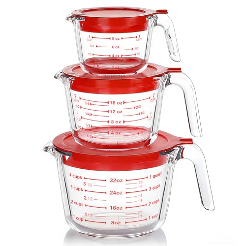 M MCIRCO 6 Pcs Glass Measuring Cups with Lids Set, 1-Cup, 2-Cup, 4-Cup Measuring Jugs with Handle, Nesting Liquid Measuring Cups for Kitchen