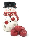 Yankee Candle Snowman Candle Holder - Ceramic Tea Light Snowman Luminary with 4 Sparkling Cinnamon Tea Lights - Gift Set, White Red Black