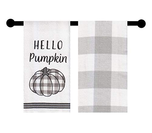 Mainstream Hello Pumpkin Kitchen Hand Towels, Grey And White Checked Buffalo Plaid, Set Of 2 Coordinating Cotton Dishtowels For Fall And Thanksgiving Decorating, 16 X 26 Inches #TOP2